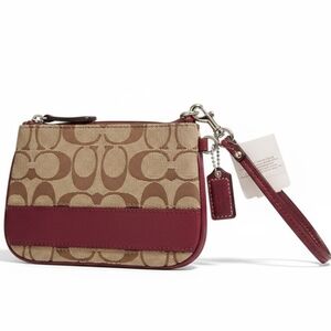 NWT Authentic Coach Signature Wristlet Tan & Red Detail Logo!
